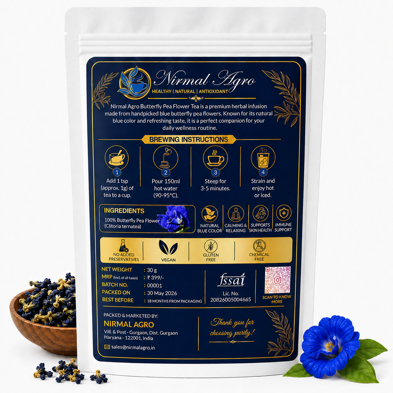 Butterfly Pea Flower Tea - front packaging design - Nirmal Agro natural herbal tea