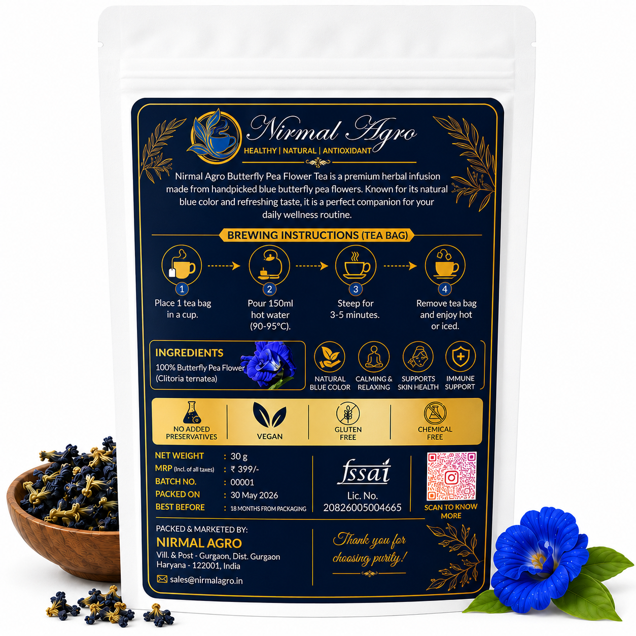 Butterfly Pea Flower Tea Bags - front packaging design - Nirmal Agro natural herbal tea