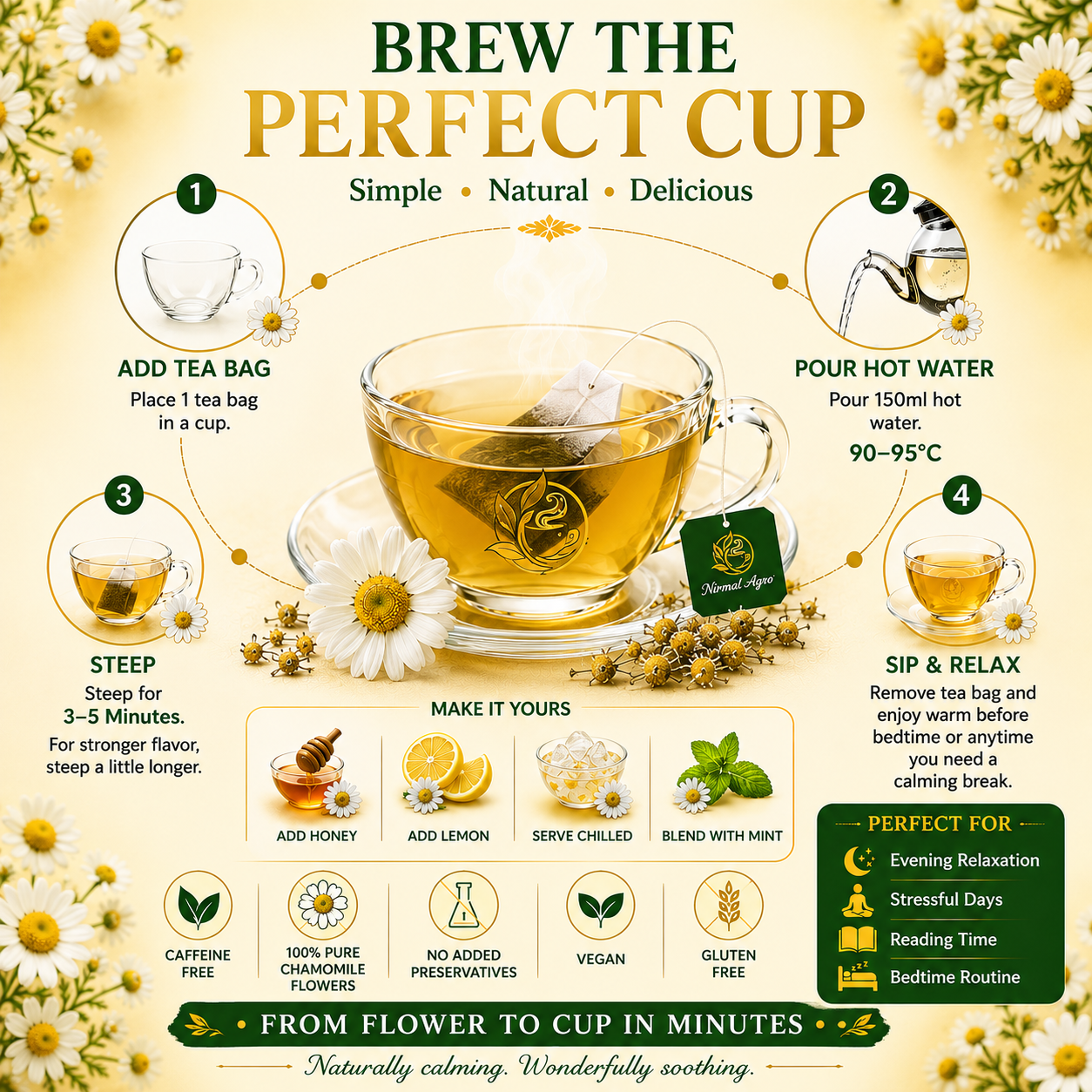 Chamomile Tea Bags - brewed tea in a cup - Nirmal Agro natural herbal tea