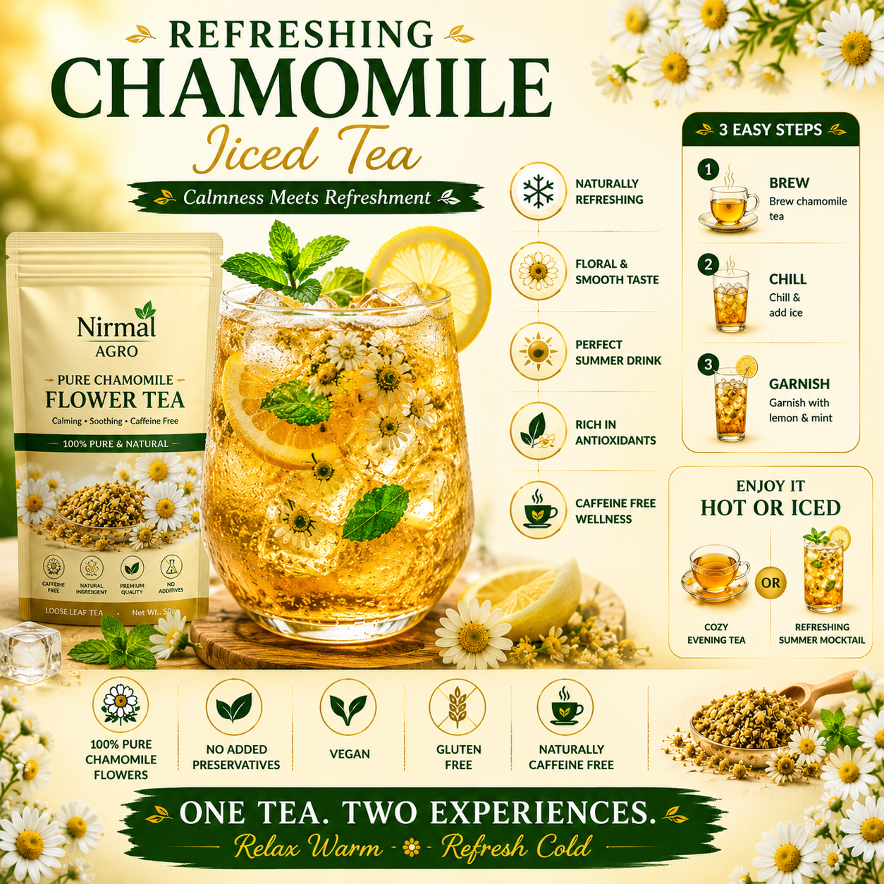 Chamomile Tea Bags - key benefits and icons - Nirmal Agro natural herbal tea
