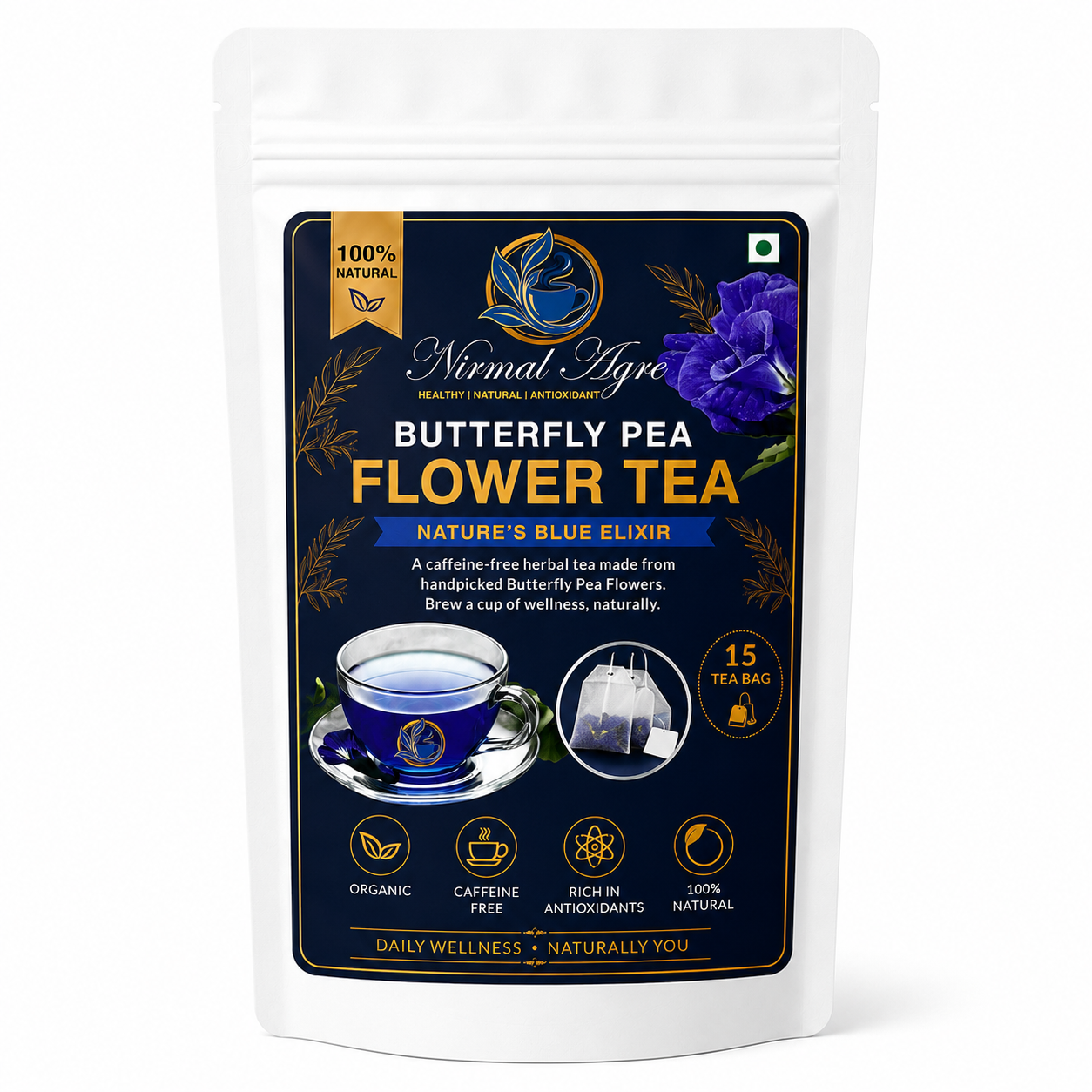 Butterfly Pea Flower Tea Bags 15 count - caffeine-free herbal blue tea by Nirmal Agro