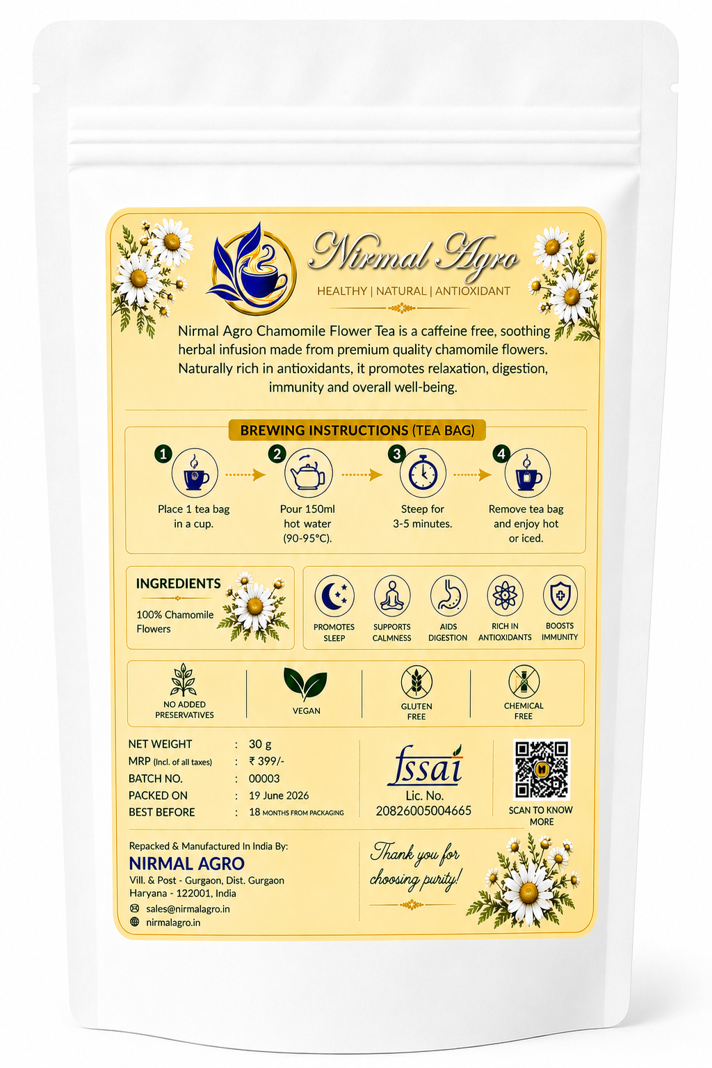 Chamomile Tea Bags - nutrition and product information - Nirmal Agro natural herbal tea