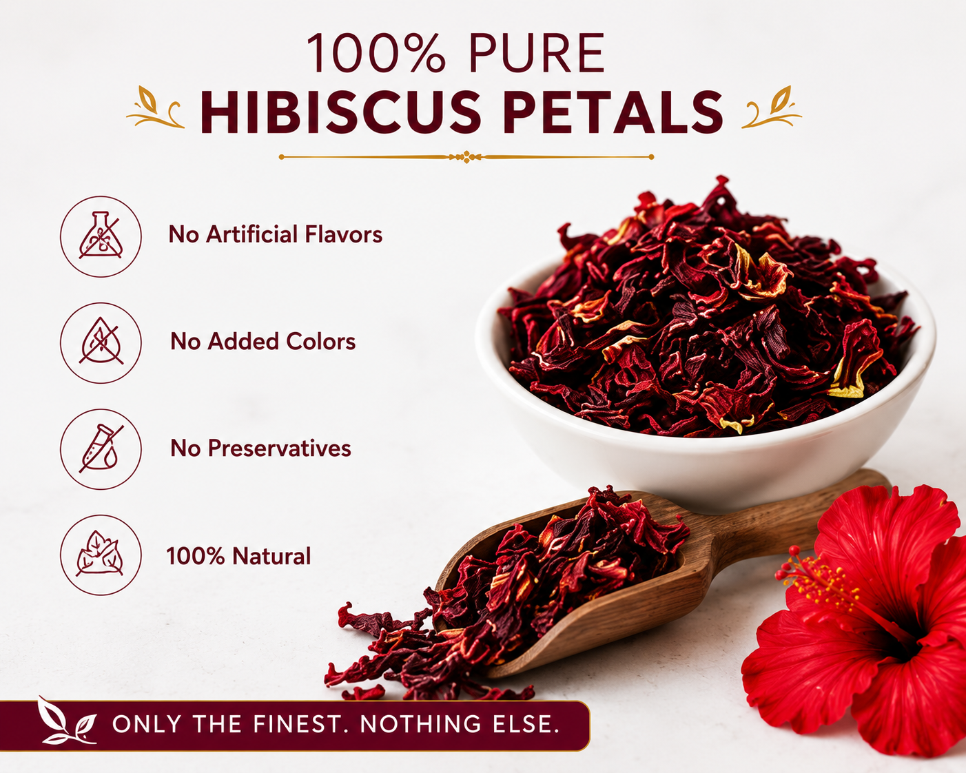 Hibiscus Flower Tea Bags - key benefits and icons - Nirmal Agro natural herbal tea