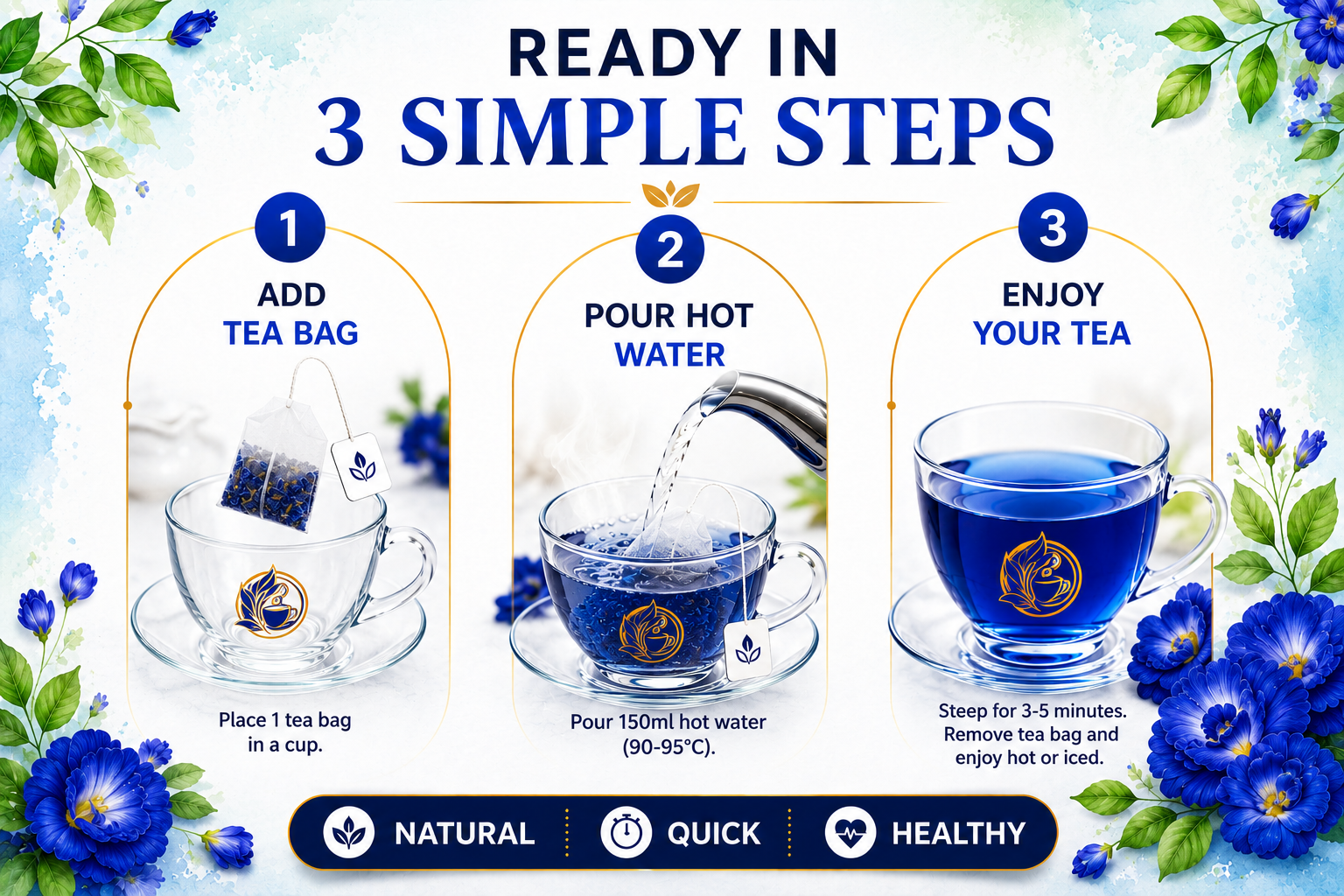 Butterfly Pea Flower Tea Bags - key benefits and icons - Nirmal Agro natural herbal tea