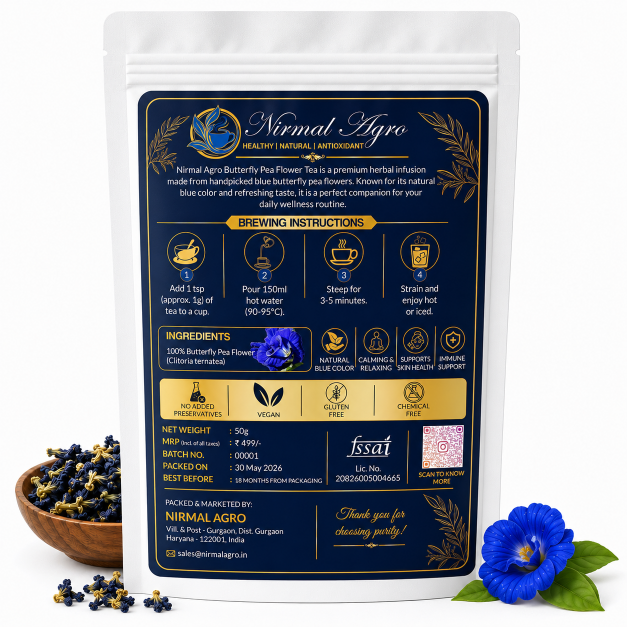 Butterfly Pea Flower Tea - nutrition and product information - Nirmal Agro natural herbal tea