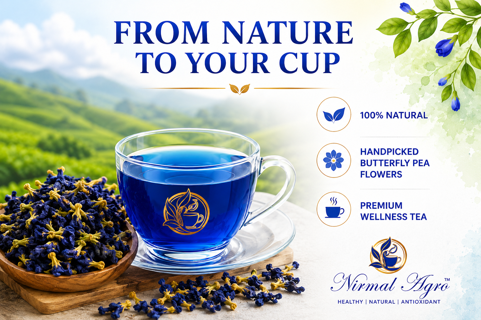 Butterfly Pea Flower Tea Bags - brewed tea in a cup - Nirmal Agro natural herbal tea