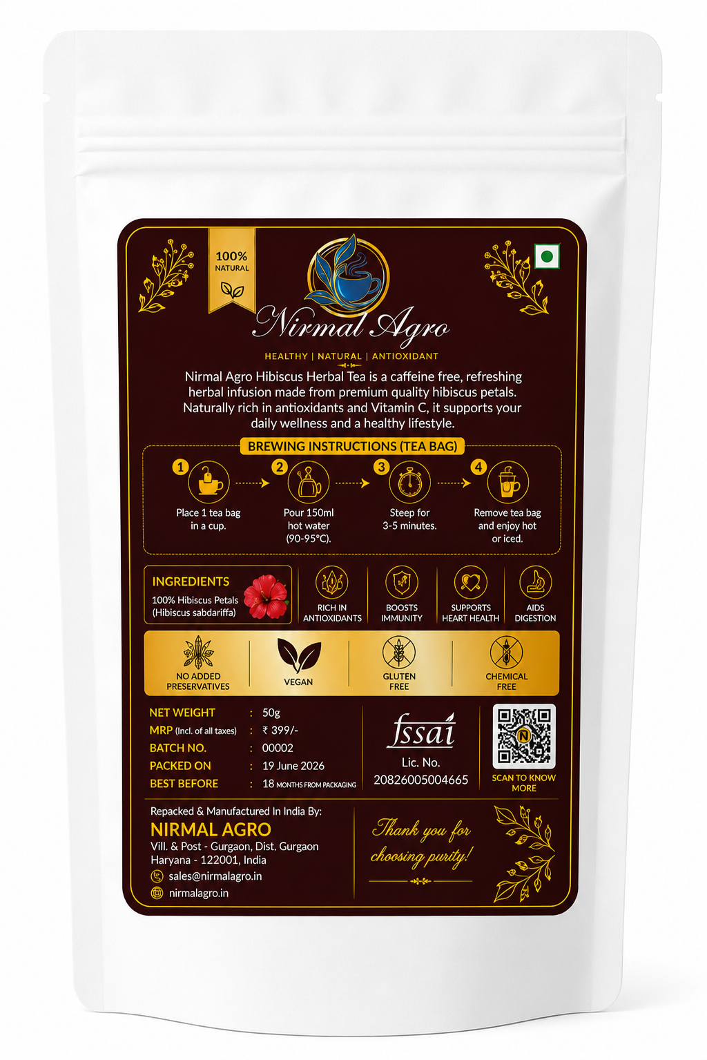 Hibiscus Flower Tea Bags - front packaging design - Nirmal Agro natural herbal tea