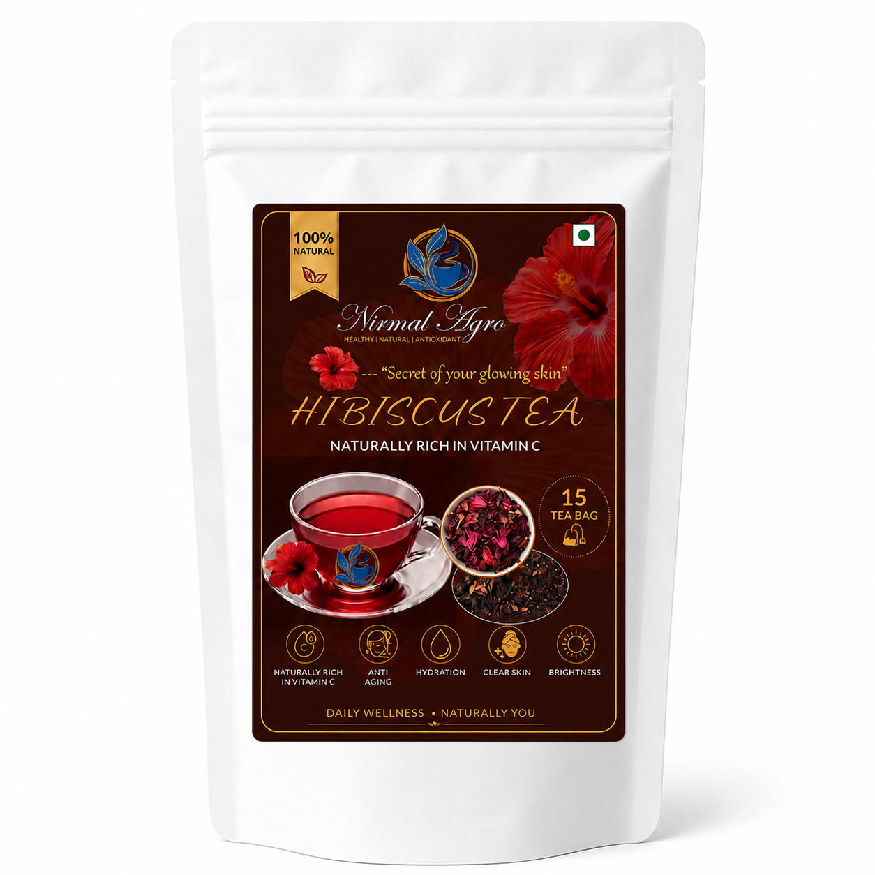 Hibiscus Flower Tea Bags 15 count - caffeine-free herbal tea and natural food colorant