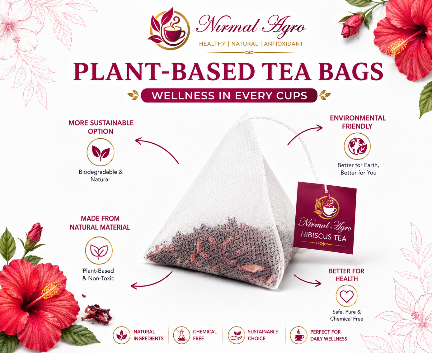 Hibiscus Flower Tea Bags - natural loose leaf flowers - Nirmal Agro natural herbal tea