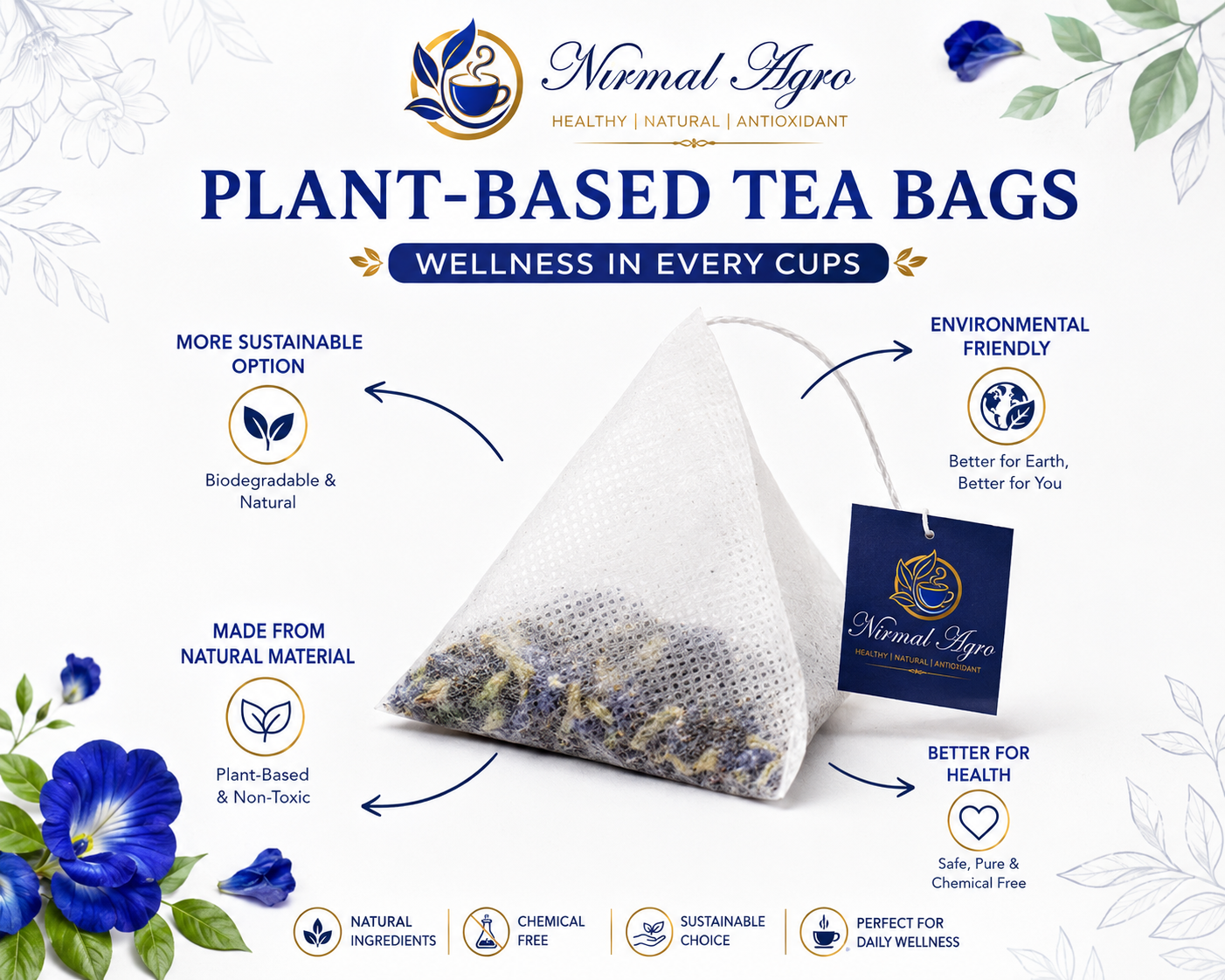 Butterfly Pea Flower Tea Bags - nutrition and product information - Nirmal Agro natural herbal tea