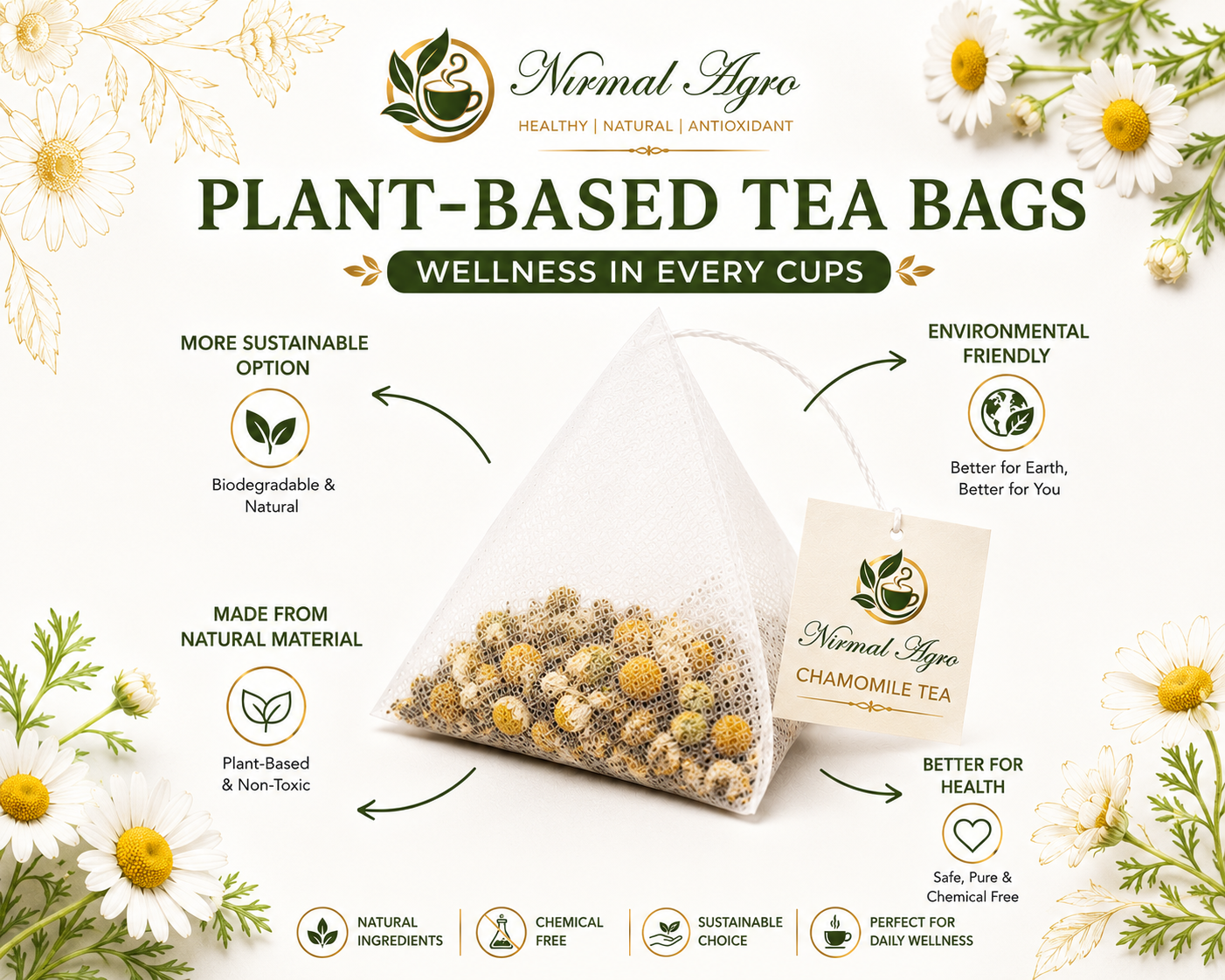 Chamomile Tea Bags - lifestyle setting - Nirmal Agro natural herbal tea